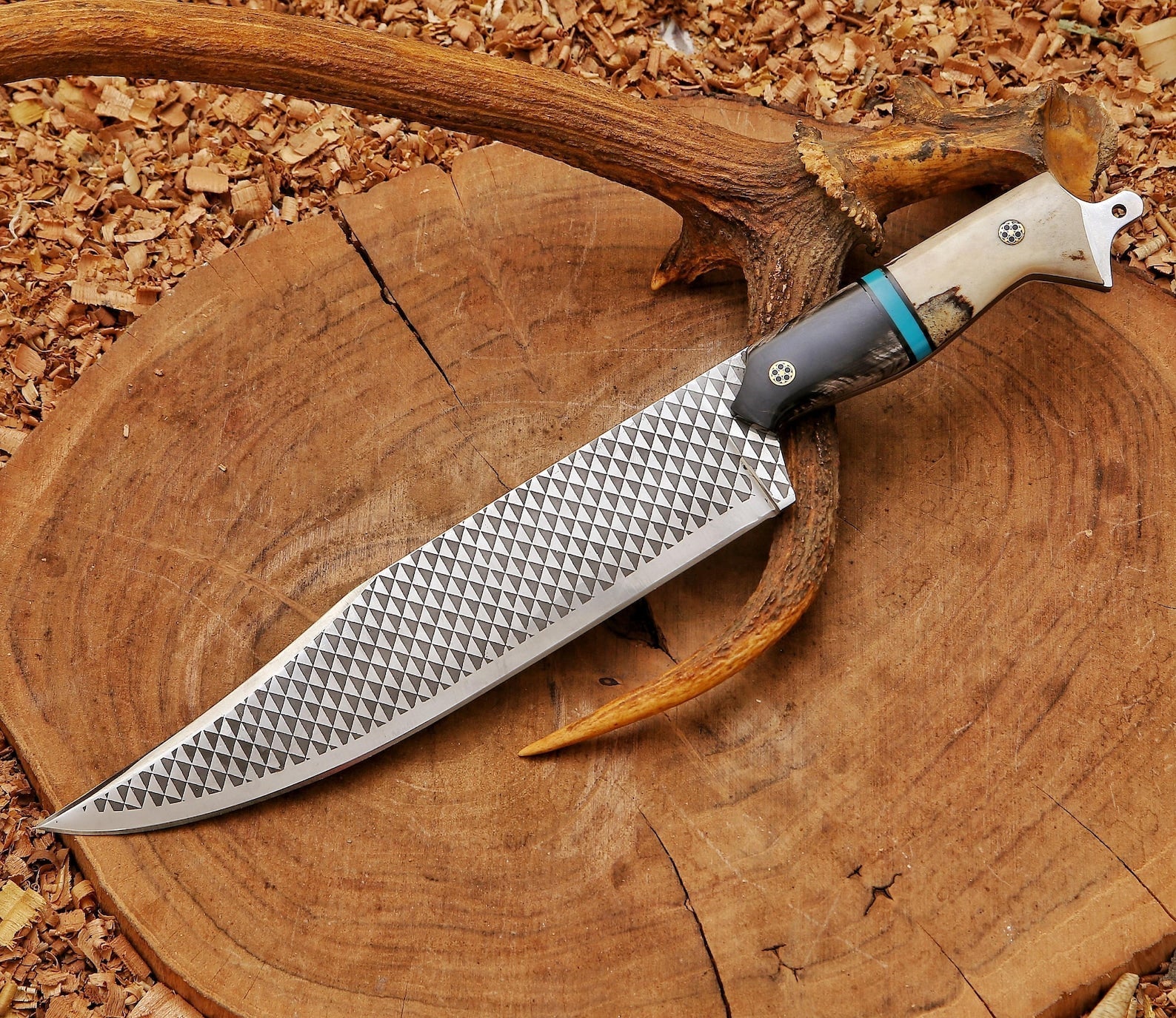 D2 Steel Bowie Knife | Etched Blade | Camel Bone, Buffalo Horn & Resin Spacer | Leather Sheath