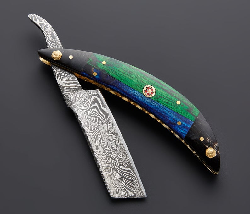Handmade Damascus Steel Straight Folding Razor — Exotic Wood & Buffalo Horn Handle