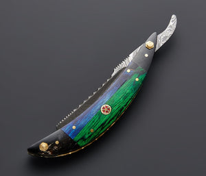 Handmade Damascus Steel Straight Folding Razor — Exotic Wood & Buffalo Horn Handle