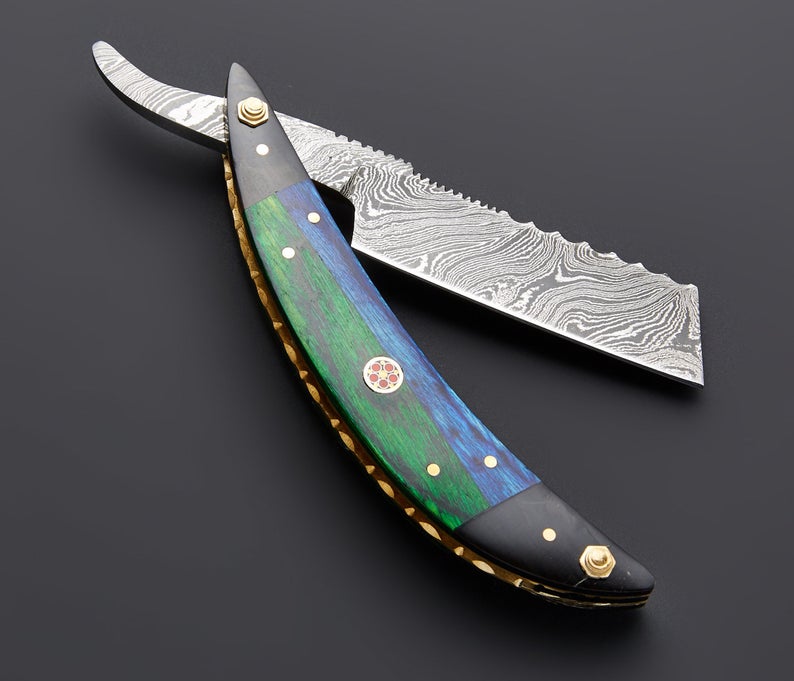 Handmade Damascus Steel Straight Folding Razor — Exotic Wood & Buffalo Horn Handle