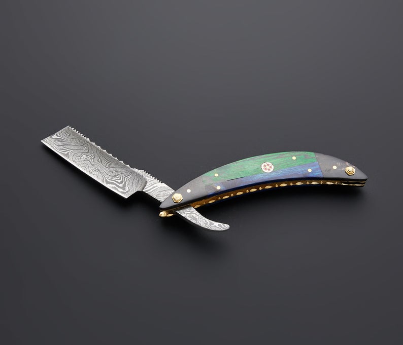 Handmade Damascus Steel Straight Folding Razor — Exotic Wood & Buffalo Horn Handle