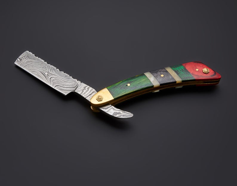 Handmade Damascus Steel Straight Folding Razor — Exotic Wood & Camel Bone Handle