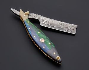 Handmade Damascus Steel Straight Folding Razor — Exotic Wood & Camel Bone Handle