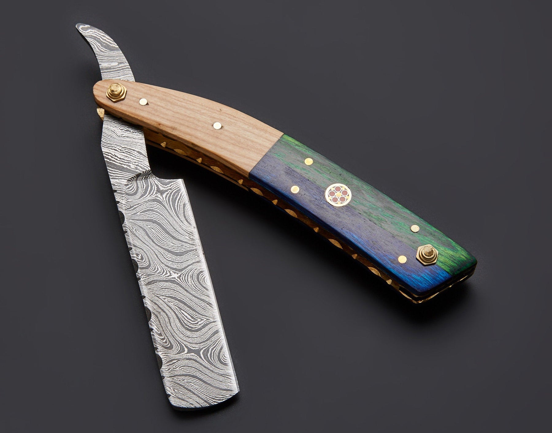 Handmade Damascus Steel Straight Folding Razor — Exotic Wood & Olive Wood Handle