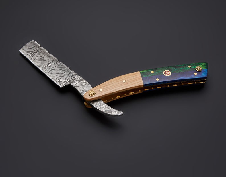Handmade Damascus Steel Straight Folding Razor — Exotic Wood & Olive Wood Handle