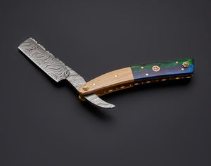 Handmade Damascus Steel Straight Folding Razor — Exotic Wood & Olive Wood Handle