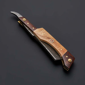 Handmade Damascus Steel Straight Folding Razor — Rose Wood & Olive Wood Handle