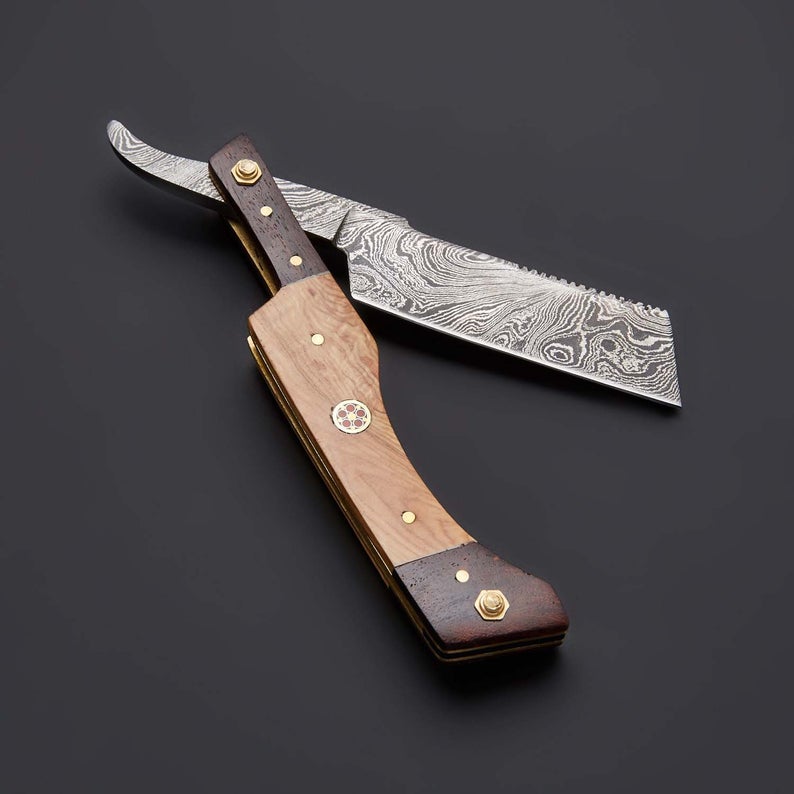 Handmade Damascus Steel Straight Folding Razor — Rose Wood & Olive Wood Handle