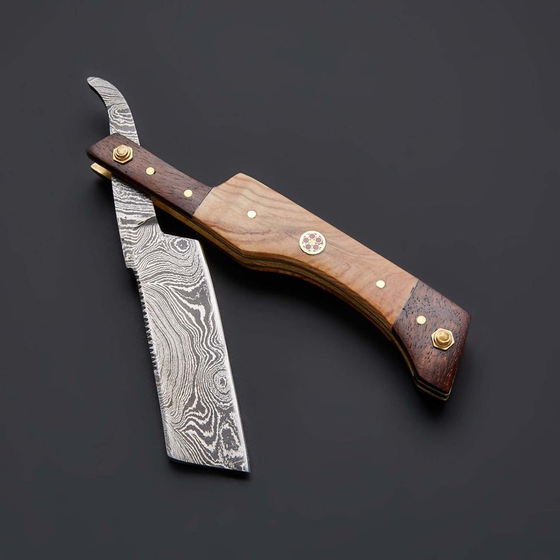 Handmade Damascus Steel Straight Folding Razor — Rose Wood & Olive Wood Handle