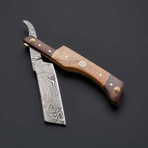 Handmade Damascus Steel Straight Folding Razor — Rose Wood & Olive Wood Handle