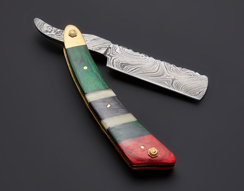 Handmade Damascus Steel Straight Folding Razor — Exotic Wood & Camel Bone Handle