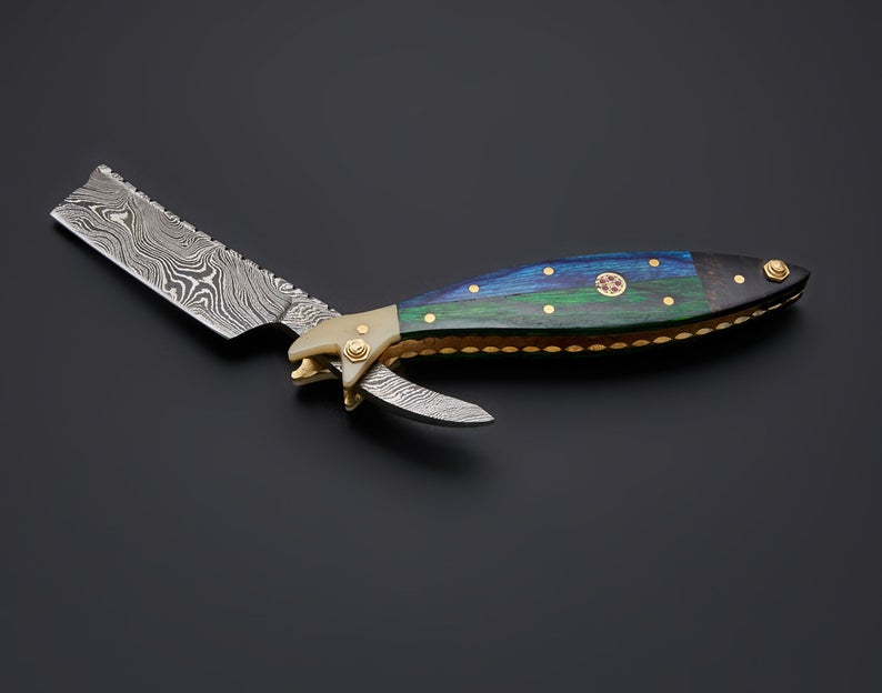 Handmade Damascus Steel Straight Folding Razor — Exotic Wood & Camel Bone Handle