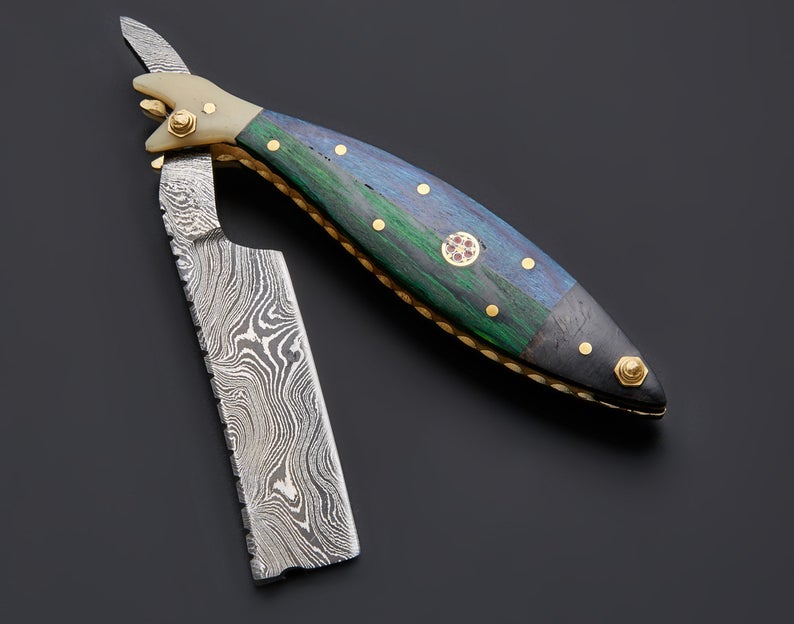 Handmade Damascus Steel Straight Folding Razor — Exotic Wood & Camel Bone Handle