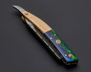 Handmade Damascus Steel Straight Folding Razor — Exotic Wood & Olive Wood Handle