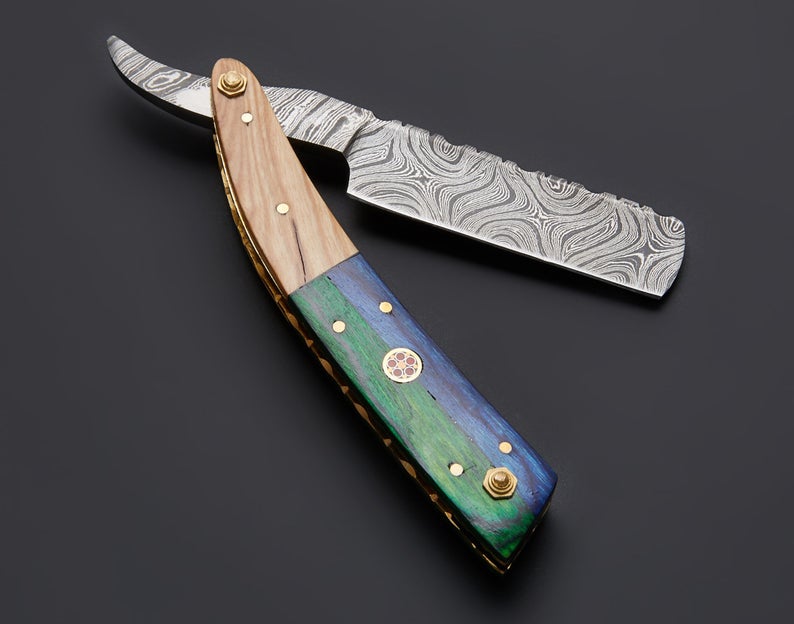 Handmade Damascus Steel Straight Folding Razor — Exotic Wood & Olive Wood Handle