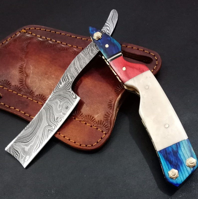 Handmade Damascus Steel Straight Folding Razor — Camel Bone & Red, Blue Exotic Wood Handle
