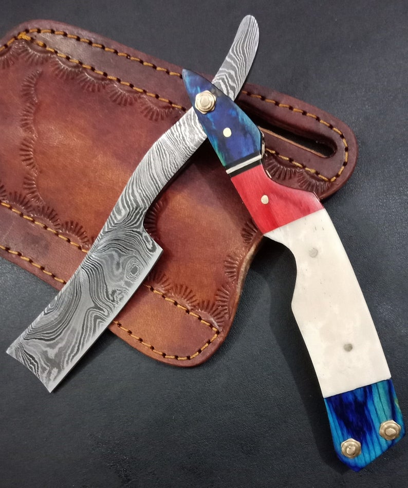 Handmade Damascus Steel Straight Folding Razor — Camel Bone & Red, Blue Exotic Wood Handle