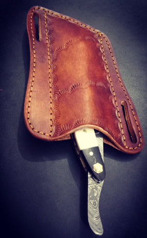 Handmade Damascus Steel Straight Folding Razor — Camel Bone, Red Exotic Wood & Buffalo Horn Handle