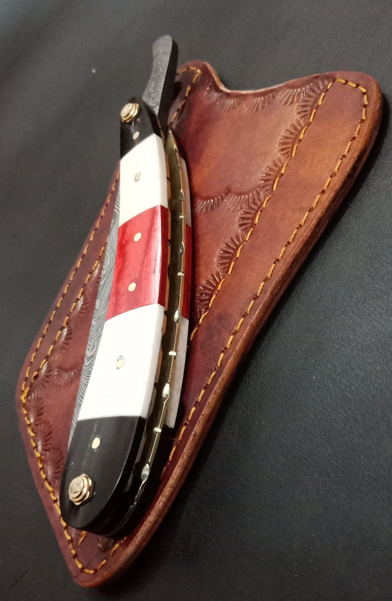 Handmade Damascus Steel Straight Folding Razor — Camel Bone, Red Exotic Wood & Buffalo Horn Handle