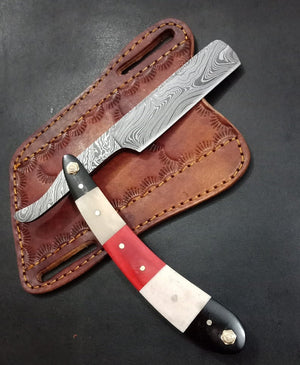 Handmade Damascus Steel Straight Folding Razor — Camel Bone, Red Exotic Wood & Buffalo Horn Handle