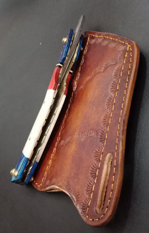 Handmade Damascus Steel Straight Folding Razor — Camel Bone & Red, Blue Exotic Wood Handle
