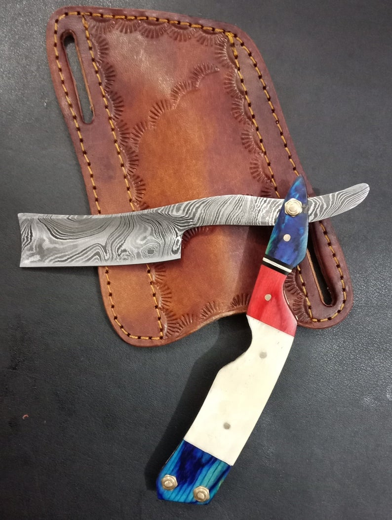 Handmade Damascus Steel Straight Folding Razor — Camel Bone & Red, Blue Exotic Wood Handle