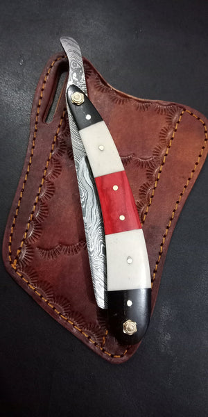 Handmade Damascus Steel Straight Folding Razor — Camel Bone, Red Exotic Wood & Buffalo Horn Handle