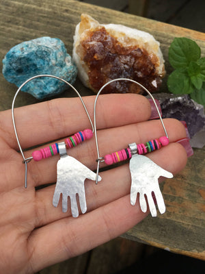 Handmade Hoop Earrings, Pink Vinyl Beads, Aluminum Hand Charms