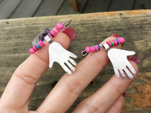 Handmade Hoop Earrings, Pink Vinyl Beads, Aluminum Hand Charms