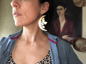 crescent moon and leaf earrings, Luna garden earrings