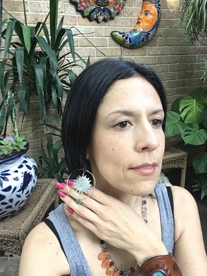 Handmade Sun and Moon Hoop Earrings: Turquoise Celestial Jewelry