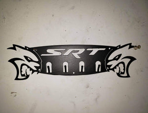Dodge SRT Hellcat 4-Hook Steel Rack – Dual Hellcat Heads Wall Organizer 12"x4" SRT Text