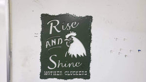 Rise and Shine Mother Cluckers Metal Sign – Rooster or Hen Design – Funny Farmhouse Wall Art with Barbed Wire Edge – 18"x14" Plasma Cut Steel