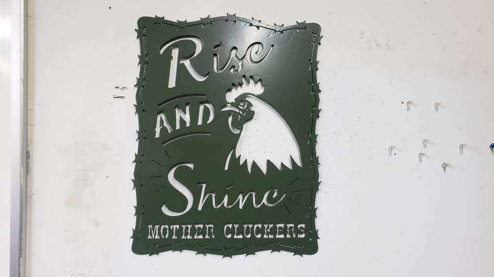 Rise and Shine Mother Cluckers Metal Sign – Rooster or Hen Design – Funny Farmhouse Wall Art with Barbed Wire Edge – 18"x14"