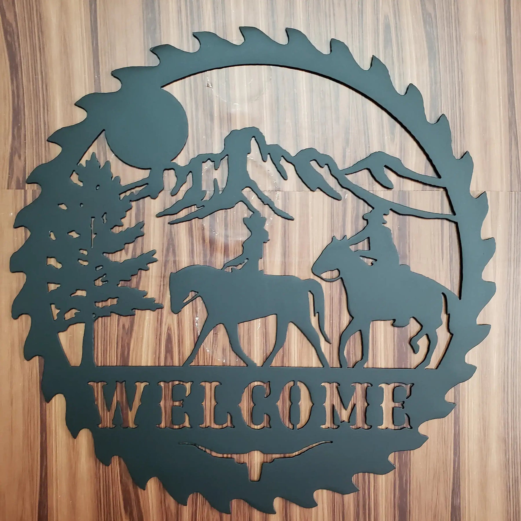 Sawblade Cowboy Horse Welcome Sign, Rustic Metal Farmhouse Home Decor, Outdoor Western Porch or Garden Plaque detail view by