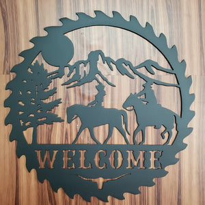 Sawblade Cowboy Horse Welcome Sign, Rustic Metal Farmhouse Home Decor, Outdoor Western Porch or Garden Plaque detail view by