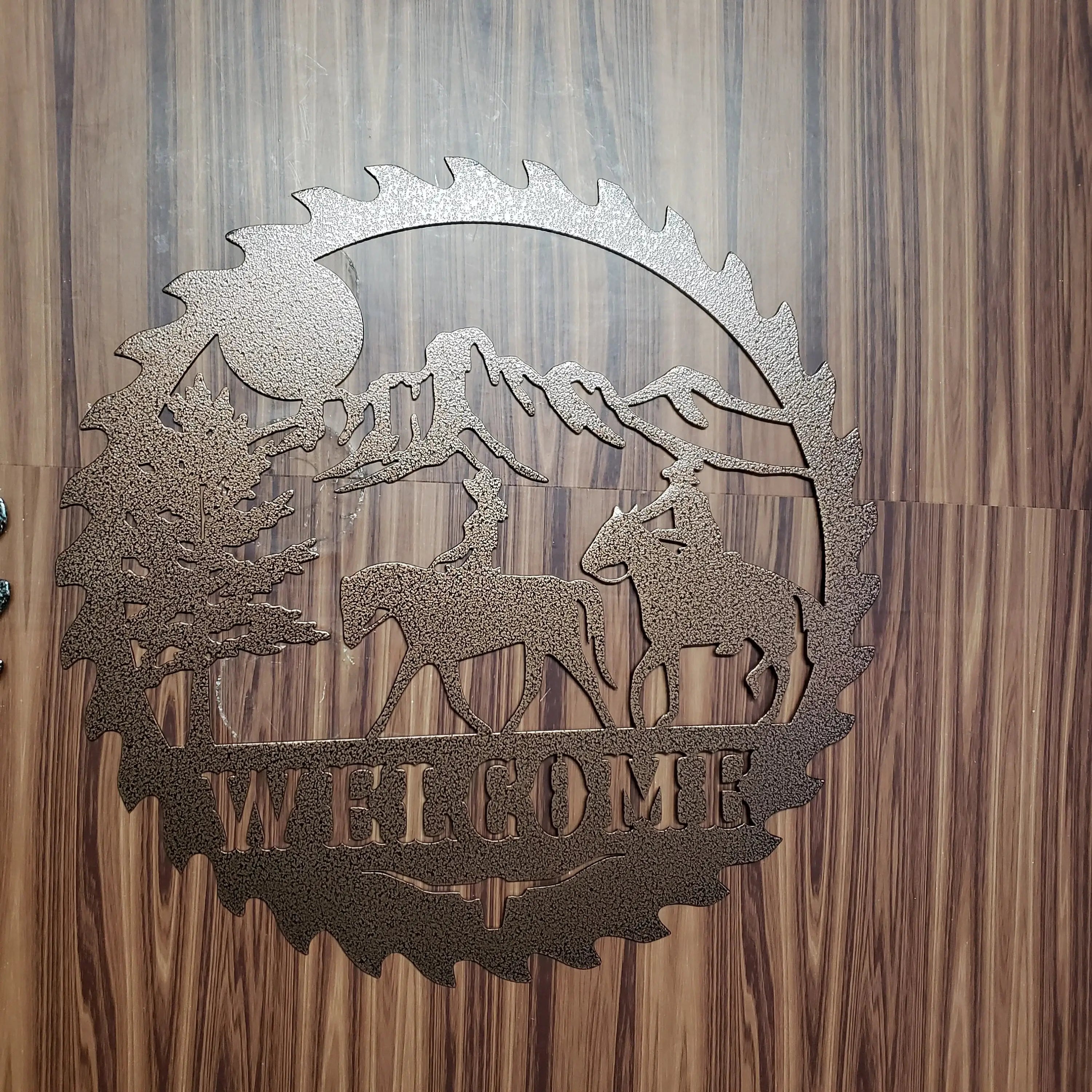 Sawblade Cowboy Horse Welcome Sign, Rustic Metal Farmhouse Home Decor, Outdoor Western Porch or Garden Plaque