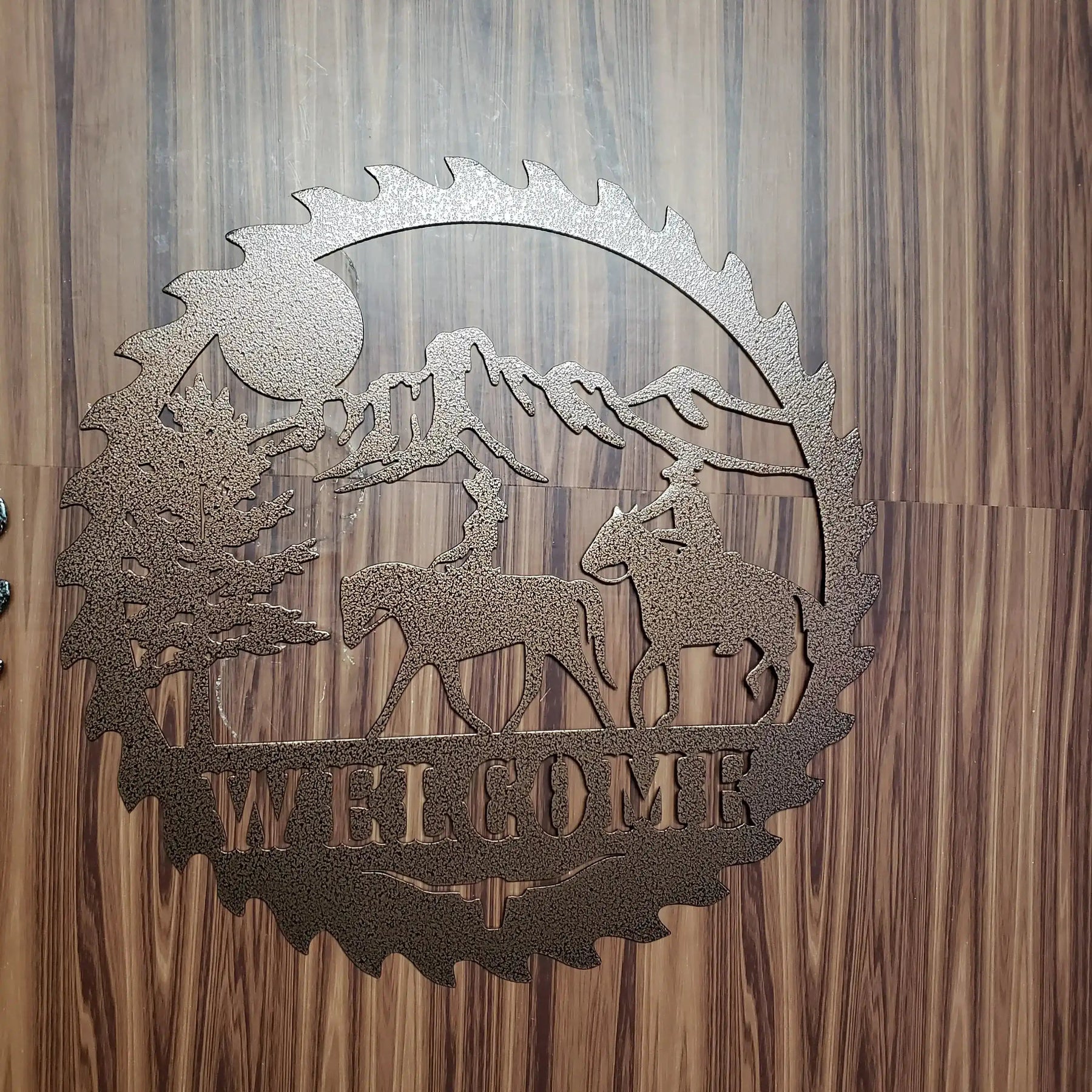 Sawblade Cowboy Horse Welcome Sign, Rustic Metal Farmhouse Home Decor, Outdoor Western Porch or Garden Plaque detail view by
