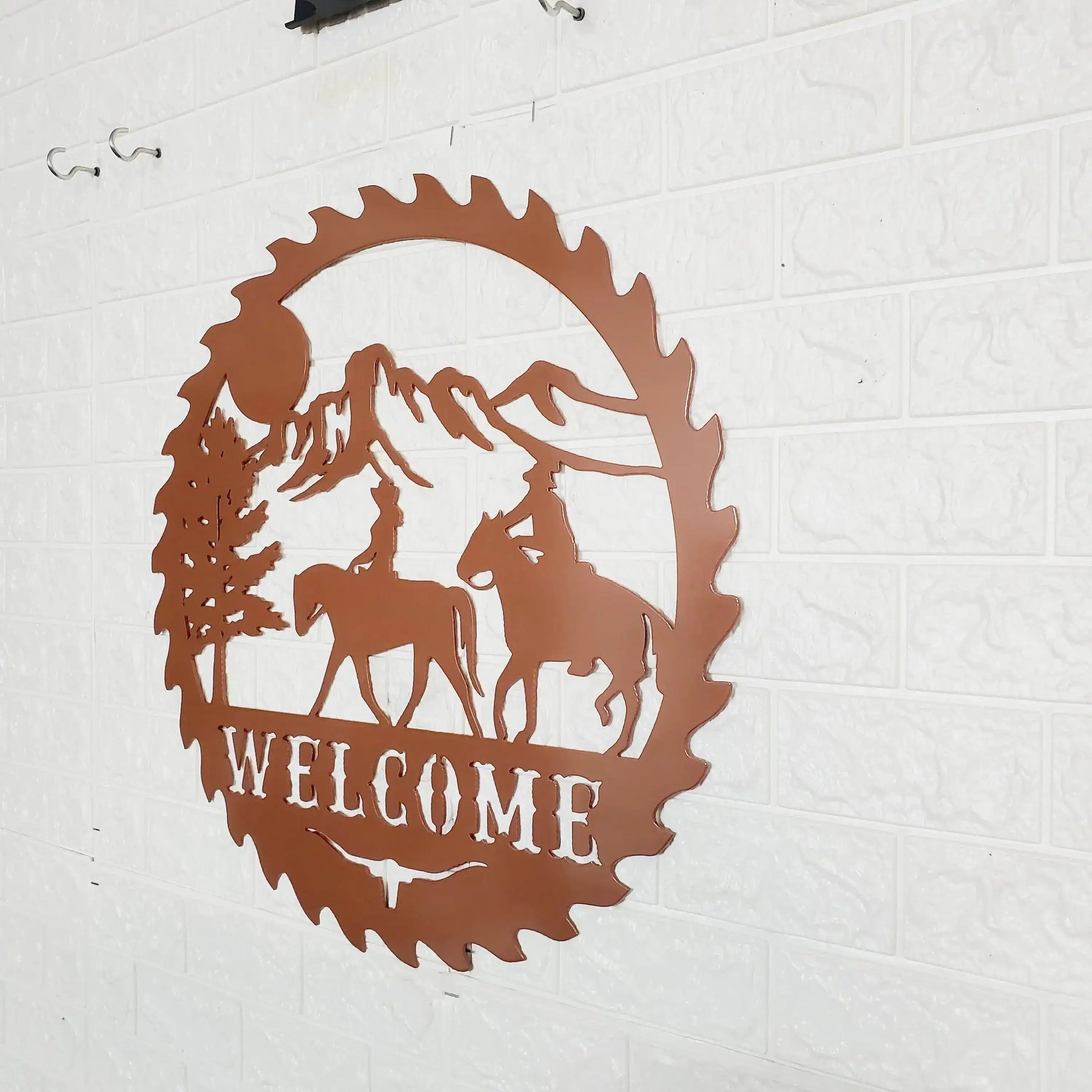 Sawblade Cowboy Horse Welcome Sign, Rustic Metal Farmhouse Home Decor, Outdoor Western Porch or Garden Plaque detail view by