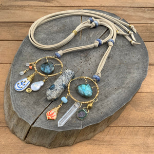 Handmade Ceramic Bead Necklace: Labradorite, Ruby, Opal, Vegan Suede