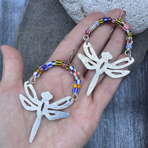 Handmade Aluminum Dragonfly Earrings with African Rainbow Glass Beads