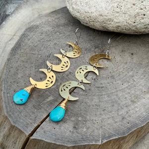 Hammered Brass Crescent Moon Earrings: Turquoise Dangle, Handmade