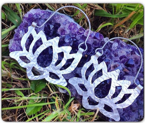 Hammered Metal Lotus Flower Hoop Earrings: Handmade Aluminum Jewelry