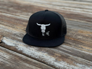 Cow Skull Black Flat Bill Hat by High Cotton Hat Co in Texas
