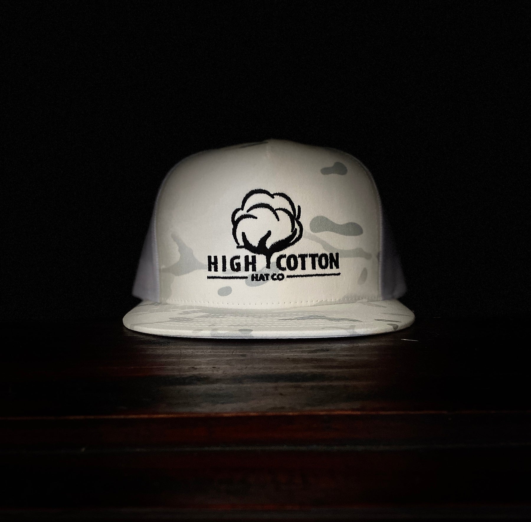 Deep South White Camo Flat Bill Hat by High Cotton Hat Co in Texas