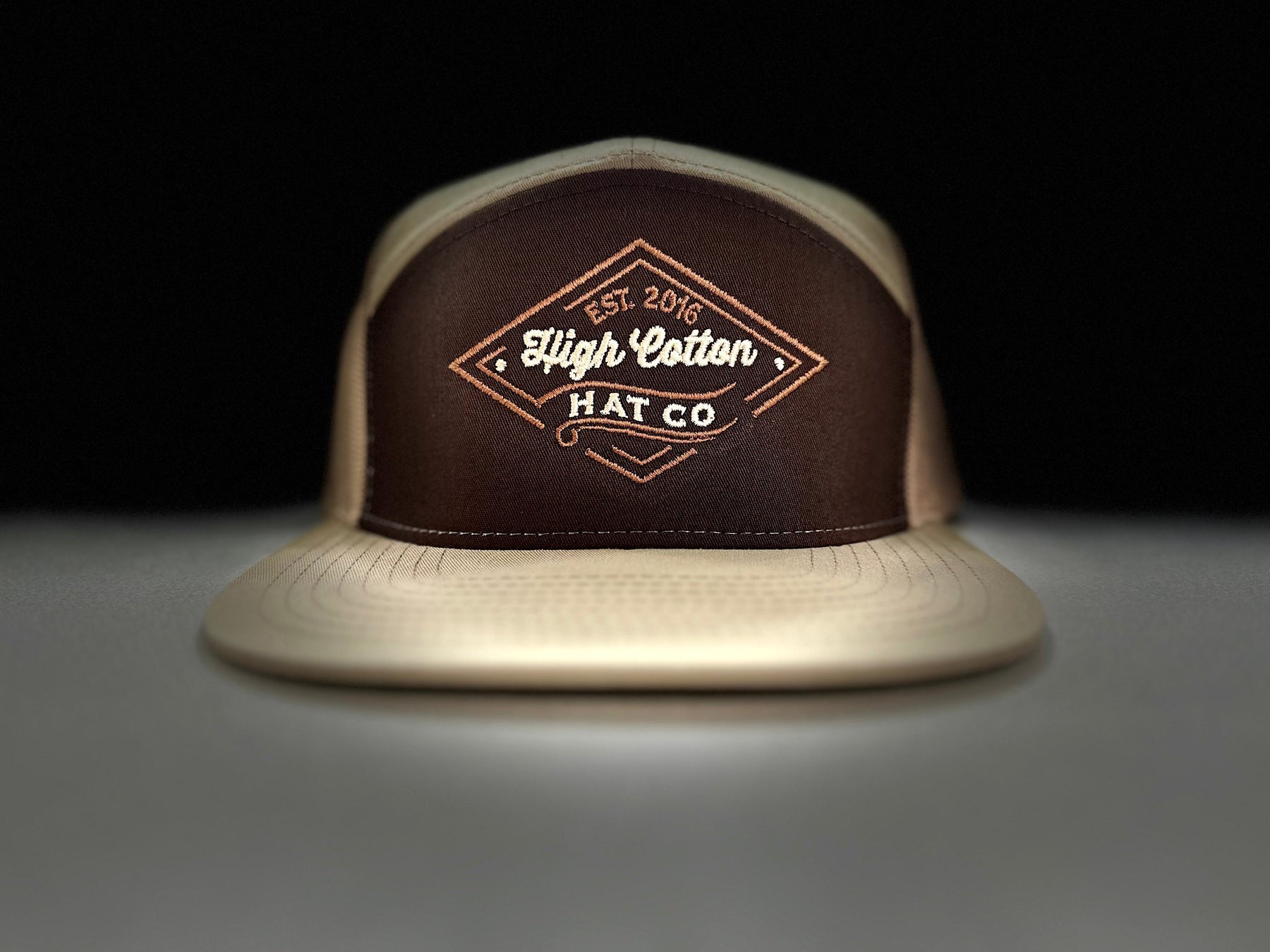 Detail view of Rusk Khaki 7-Panel Hat by High Cotton Hat Co