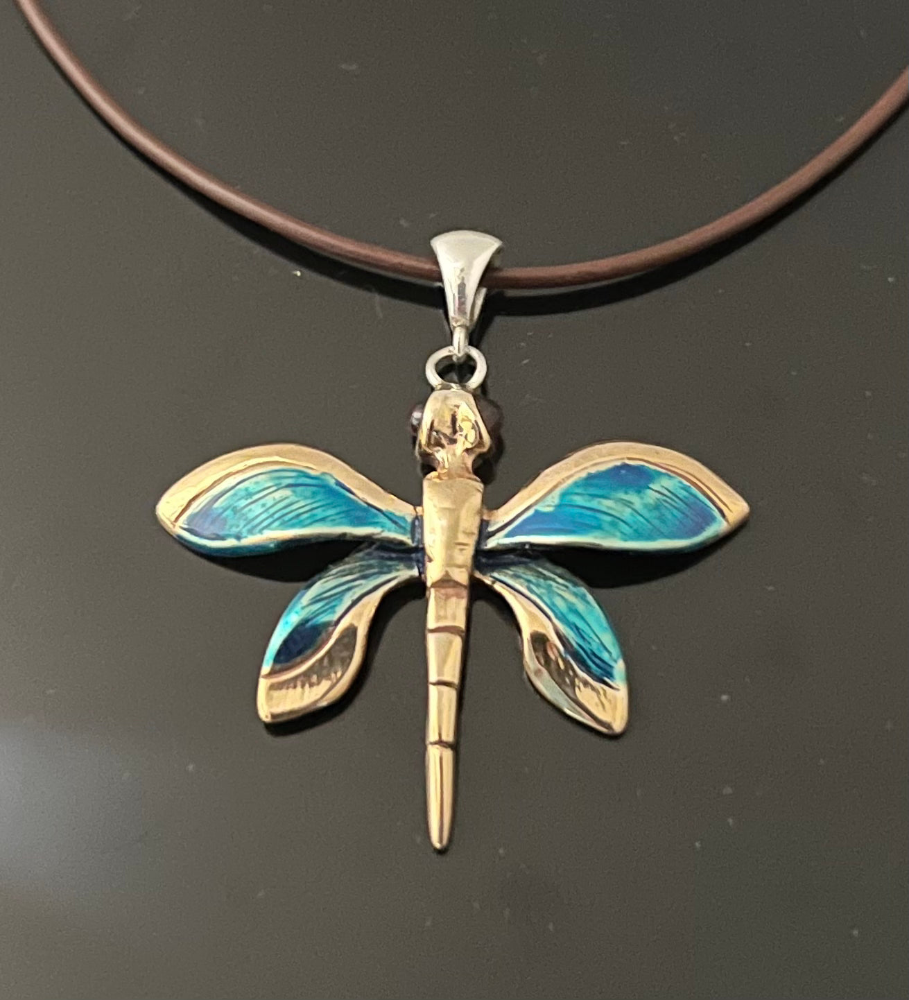 Bronze Sm Dragonfly Pendant blue patina-BRW1020B