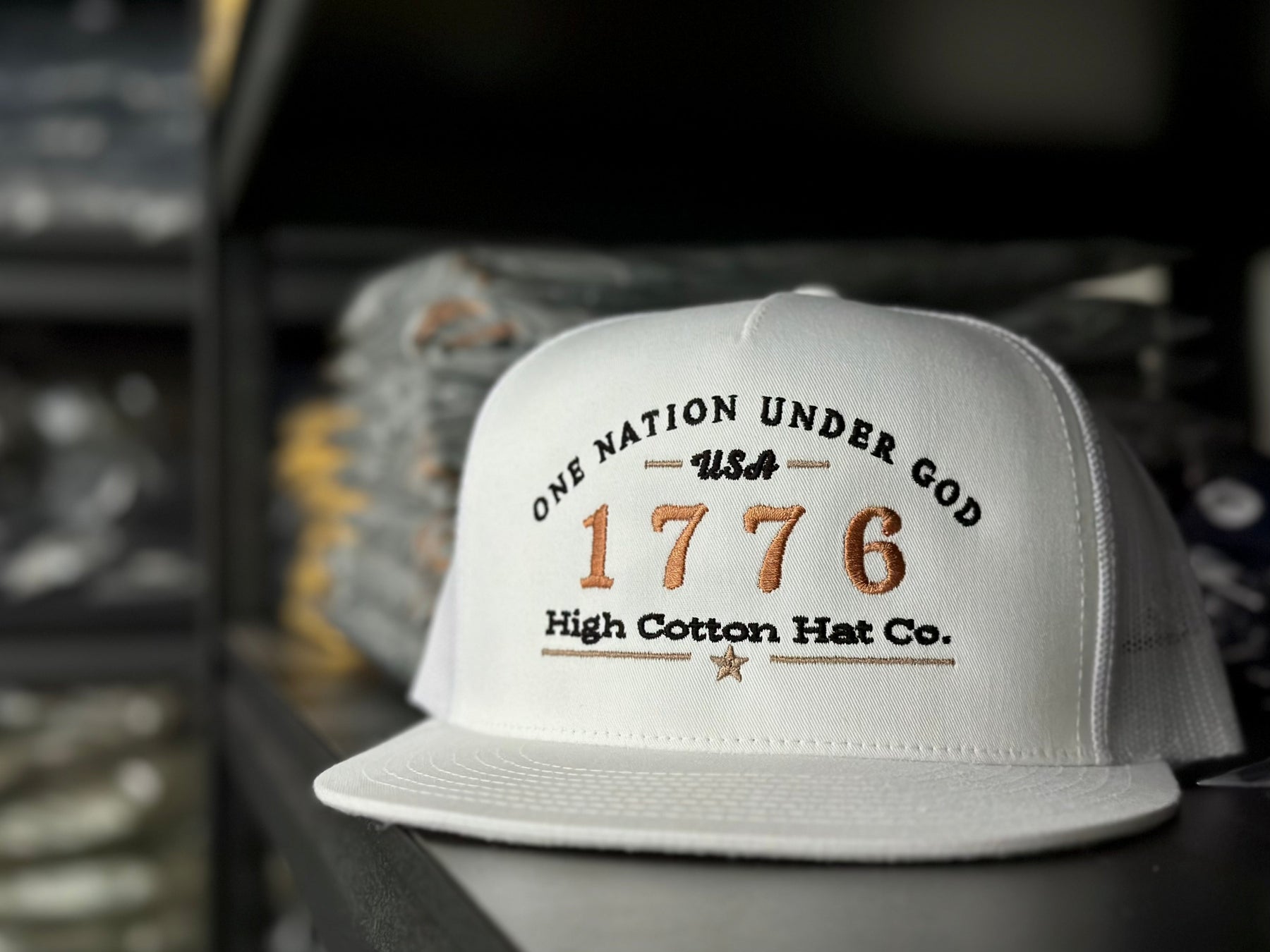 1776 White Flat Bill Hat by High Cotton Hat Co in Texas