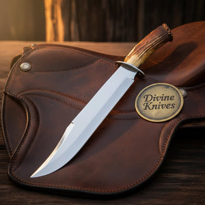 Stag Horn High Polish Clip Point Bowie Knife with Natural Stag Handle