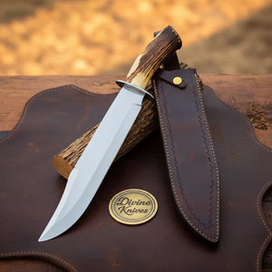 Stag Horn High Polish Clip Point Bowie Knife with Natural Stag Handle